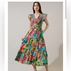 Sugar lips Lanai Multi Tropics Sunfire Smocked Bodice Tiered Midi Dress